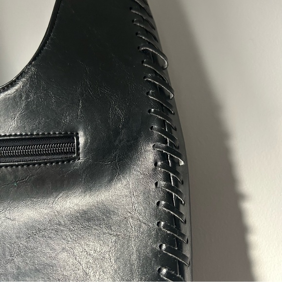 Heys Vintage ‘G Bag’ Hobo Style Black Leather Shoulder Bag Woven Seam Detail - Picture 16 of 17